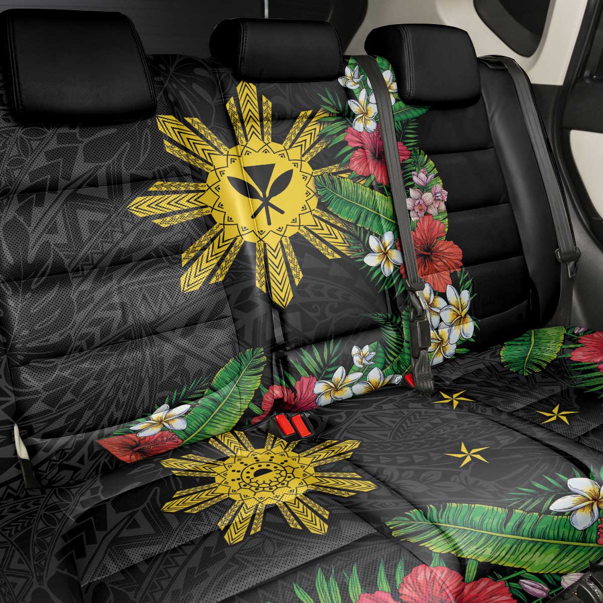 Tropical Hawaii and Philippines Back Car Seat Cover Kanaka Maoli and Sun Badge Batok Tattoo Colorful LT03 - Polynesian Pride