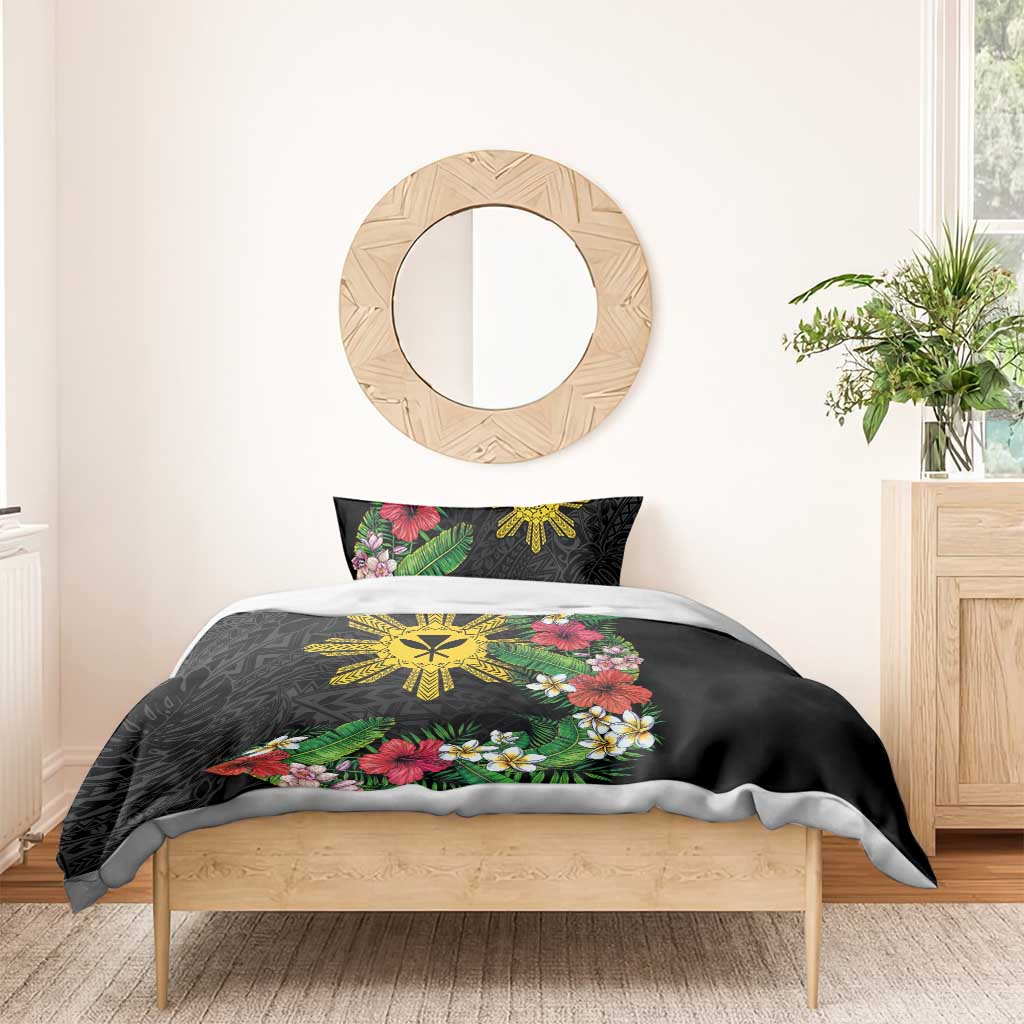 Tropical Hawaii and Philippines Bedding Set Kanaka Maoli and Sun Badge Batok Tattoo Colorful