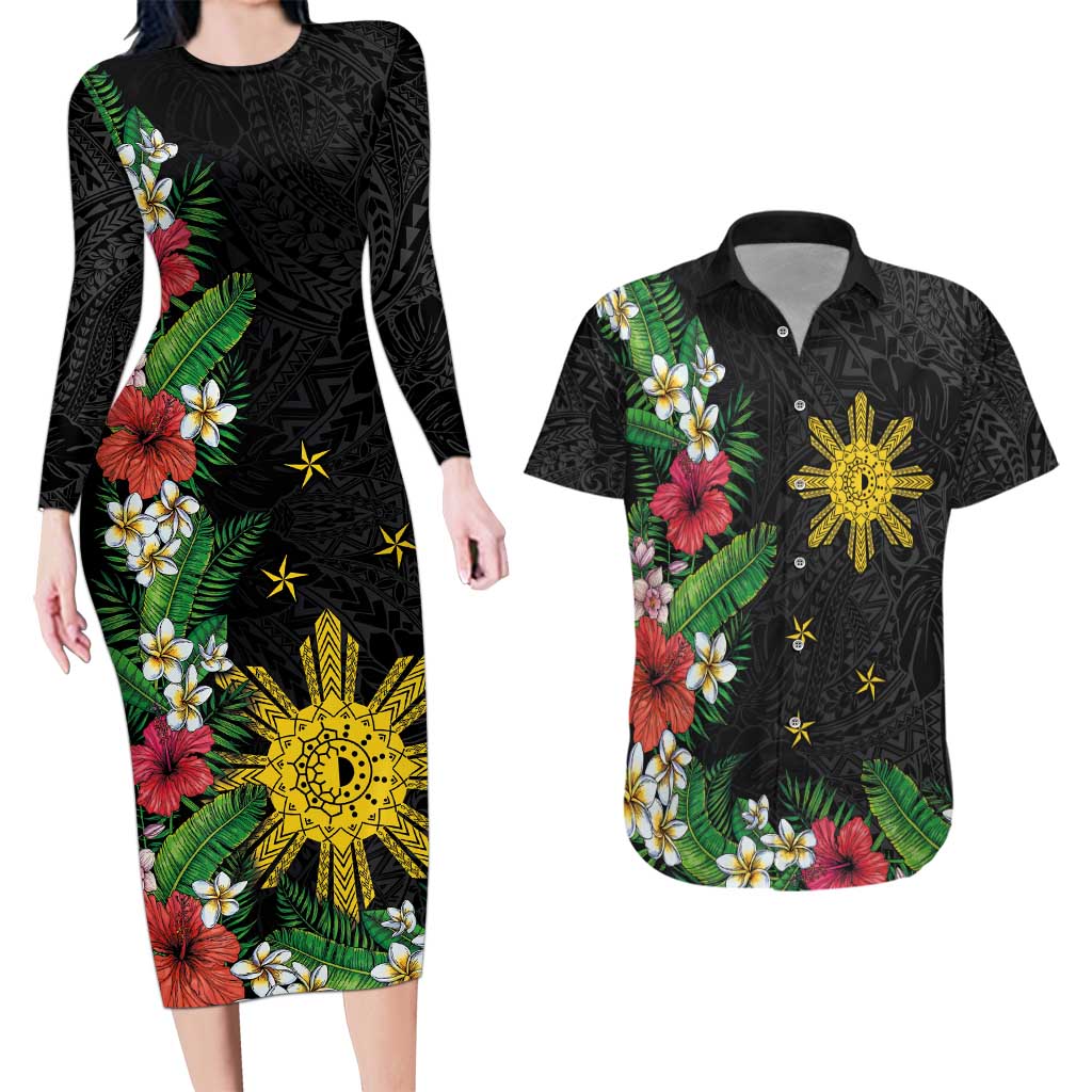 Tropical Hawaii and Philippines Couples Matching Long Sleeve Bodycon Dress and Hawaiian Shirt Kanaka Maoli and Sun Badge Batok Tattoo Colorful LT03 Black - Polynesian Pride