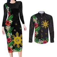 Tropical Hawaii and Philippines Couples Matching Long Sleeve Bodycon Dress and Long Sleeve Button Shirt Kanaka Maoli and Sun Badge Batok Tattoo Colorful LT03 Black - Polynesian Pride