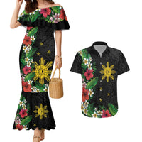 Tropical Hawaii and Philippines Couples Matching Mermaid Dress and Hawaiian Shirt Kanaka Maoli and Sun Badge Batok Tattoo Colorful LT03 Black - Polynesian Pride