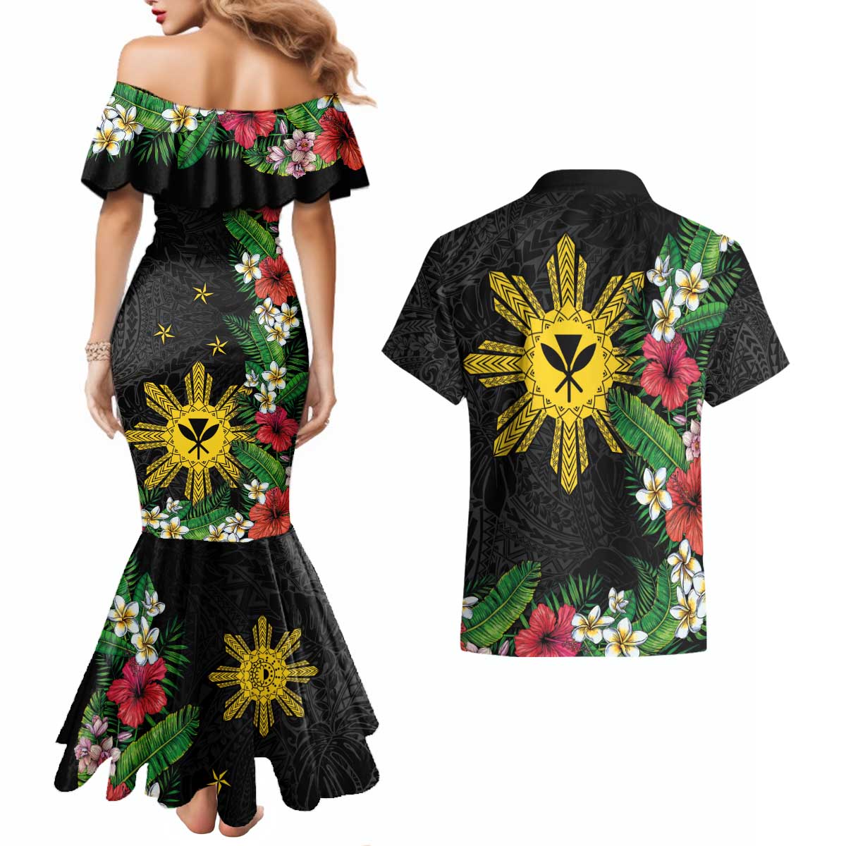 Tropical Hawaii and Philippines Couples Matching Mermaid Dress and Hawaiian Shirt Kanaka Maoli and Sun Badge Batok Tattoo Colorful LT03 - Polynesian Pride