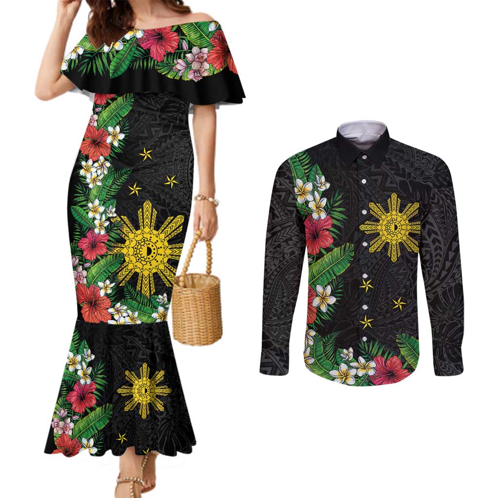 Tropical Hawaii and Philippines Couples Matching Mermaid Dress and Long Sleeve Button Shirt Kanaka Maoli and Sun Badge Batok Tattoo Colorful