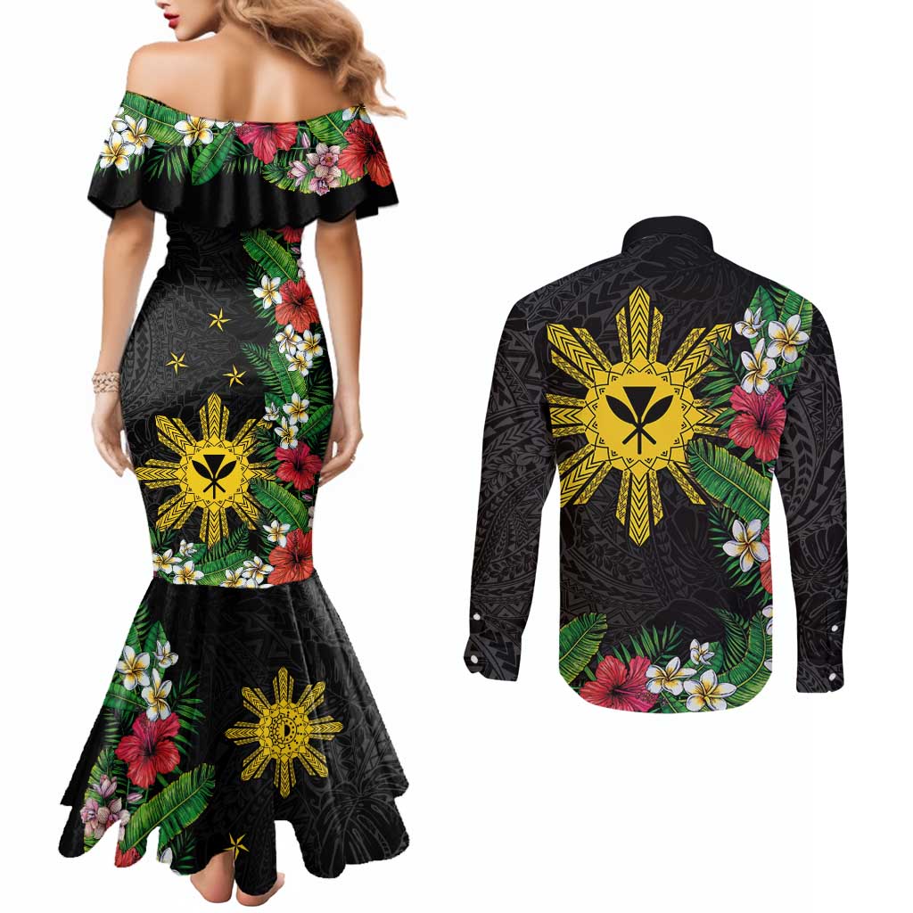 Tropical Hawaii and Philippines Couples Matching Mermaid Dress and Long Sleeve Button Shirt Kanaka Maoli and Sun Badge Batok Tattoo Colorful LT03 - Polynesian Pride