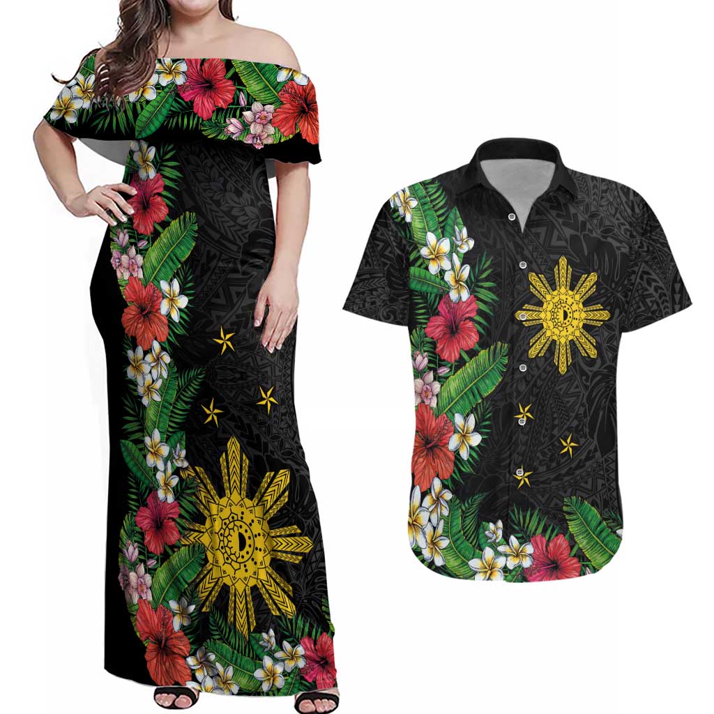 Tropical Hawaii and Philippines Couples Matching Off Shoulder Maxi Dress and Hawaiian Shirt Kanaka Maoli and Sun Badge Batok Tattoo Colorful LT03 Black - Polynesian Pride
