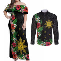 Tropical Hawaii and Philippines Couples Matching Off Shoulder Maxi Dress and Long Sleeve Button Shirt Kanaka Maoli and Sun Badge Batok Tattoo Colorful LT03 Black - Polynesian Pride