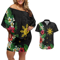 Tropical Hawaii and Philippines Couples Matching Off Shoulder Short Dress and Hawaiian Shirt Kanaka Maoli and Sun Badge Batok Tattoo Colorful LT03 Black - Polynesian Pride