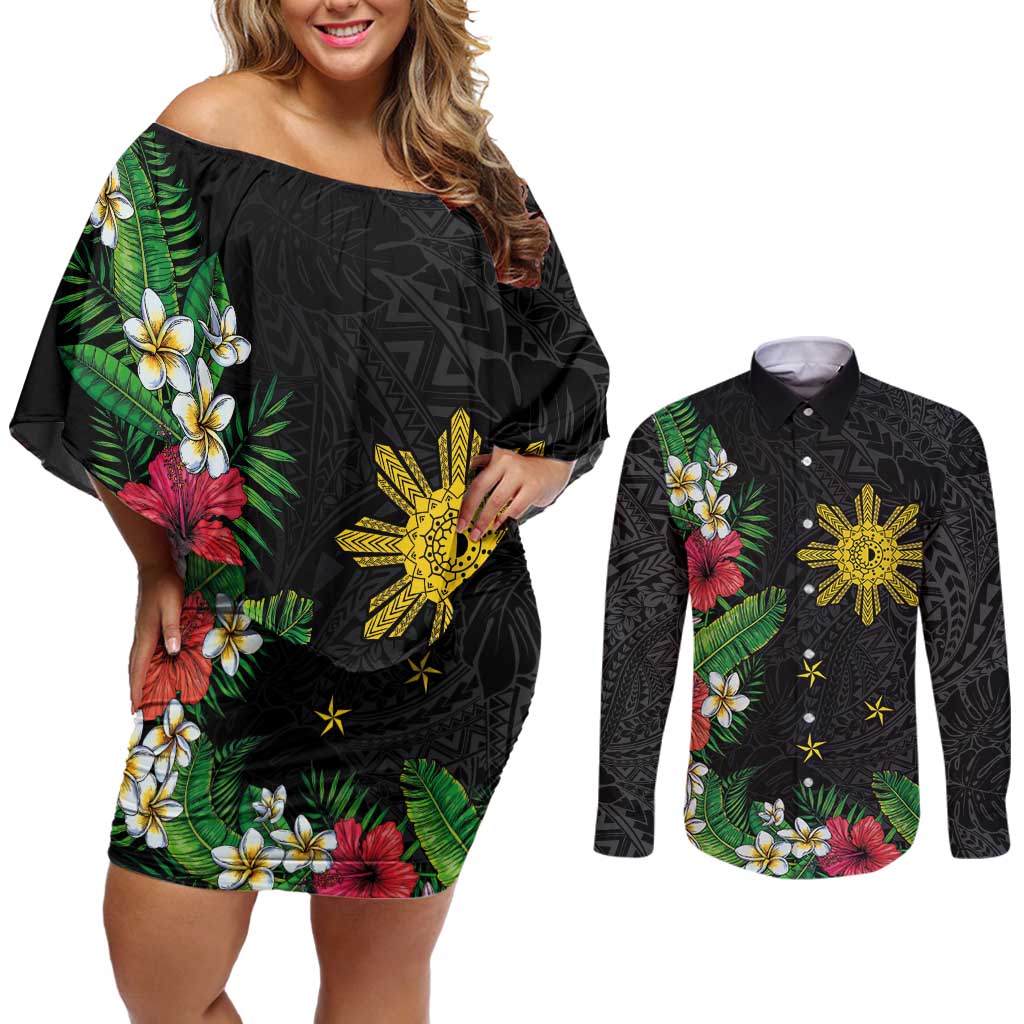 Tropical Hawaii and Philippines Couples Matching Off Shoulder Short Dress and Long Sleeve Button Shirt Kanaka Maoli and Sun Badge Batok Tattoo Colorful LT03 Black - Polynesian Pride