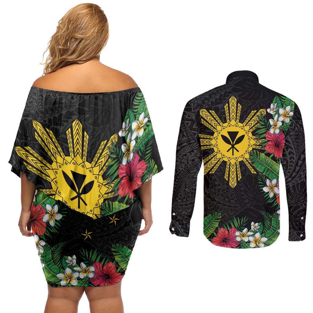 Tropical Hawaii and Philippines Couples Matching Off Shoulder Short Dress and Long Sleeve Button Shirt Kanaka Maoli and Sun Badge Batok Tattoo Colorful LT03 - Polynesian Pride