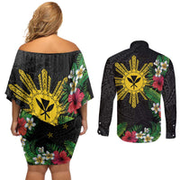 Tropical Hawaii and Philippines Couples Matching Off Shoulder Short Dress and Long Sleeve Button Shirt Kanaka Maoli and Sun Badge Batok Tattoo Colorful LT03 - Polynesian Pride