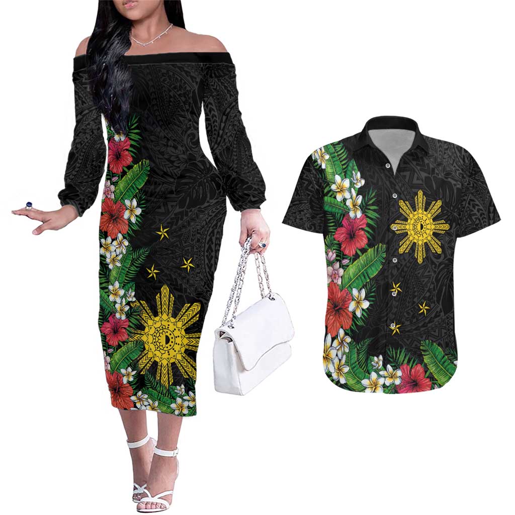 Tropical Hawaii and Philippines Couples Matching Off The Shoulder Long Sleeve Dress and Hawaiian Shirt Kanaka Maoli and Sun Badge Batok Tattoo Colorful LT03 Black - Polynesian Pride