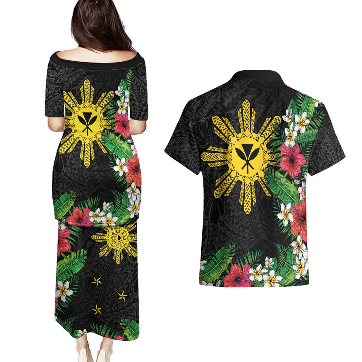 Tropical Hawaii and Philippines Couples Matching Puletasi and Hawaiian Shirt Kanaka Maoli and Sun Badge Batok Tattoo Colorful LT03 - Polynesian Pride