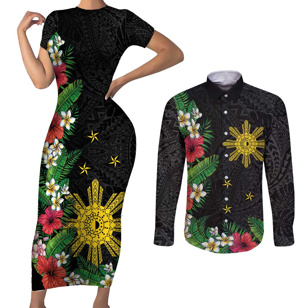 Tropical Hawaii and Philippines Couples Matching Short Sleeve Bodycon Dress and Long Sleeve Button Shirt Kanaka Maoli and Sun Badge Batok Tattoo Colorful LT03 Black - Polynesian Pride