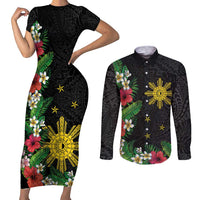 Tropical Hawaii and Philippines Couples Matching Short Sleeve Bodycon Dress and Long Sleeve Button Shirt Kanaka Maoli and Sun Badge Batok Tattoo Colorful LT03 Black - Polynesian Pride