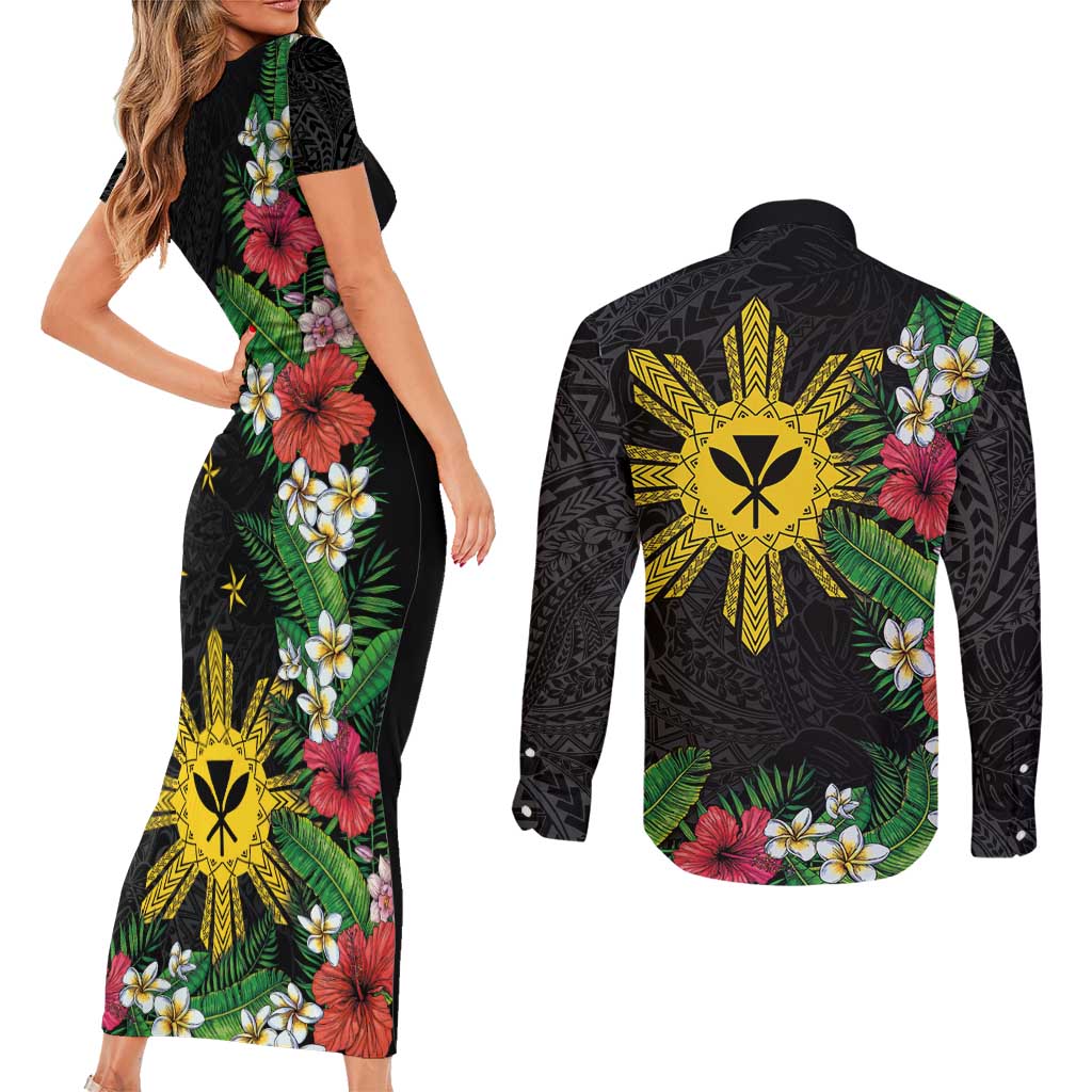Tropical Hawaii and Philippines Couples Matching Short Sleeve Bodycon Dress and Long Sleeve Button Shirt Kanaka Maoli and Sun Badge Batok Tattoo Colorful LT03 - Polynesian Pride
