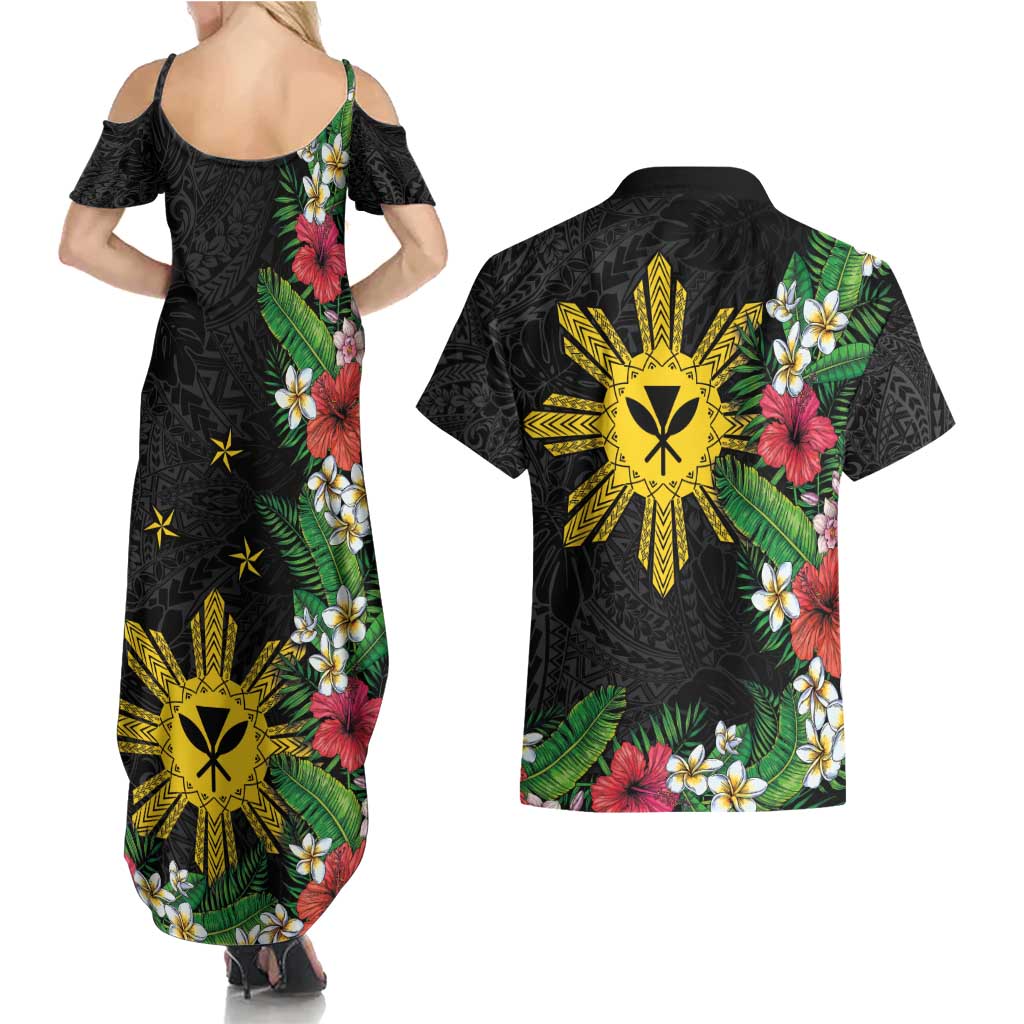 Tropical Hawaii and Philippines Couples Matching Summer Maxi Dress and Hawaiian Shirt Kanaka Maoli and Sun Badge Batok Tattoo Colorful LT03 - Polynesian Pride