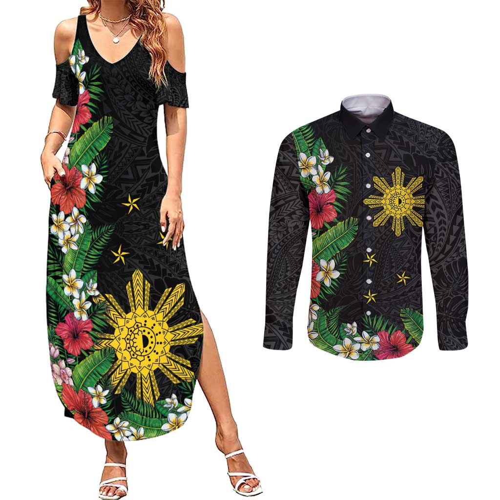 Tropical Hawaii and Philippines Couples Matching Summer Maxi Dress and Long Sleeve Button Shirt Kanaka Maoli and Sun Badge Batok Tattoo Colorful LT03 Black - Polynesian Pride
