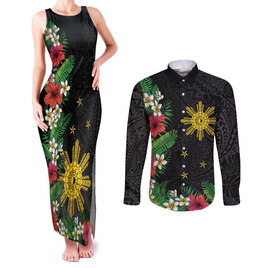 Tropical Hawaii and Philippines Couples Matching Tank Maxi Dress and Long Sleeve Button Shirt Kanaka Maoli and Sun Badge Batok Tattoo Colorful
