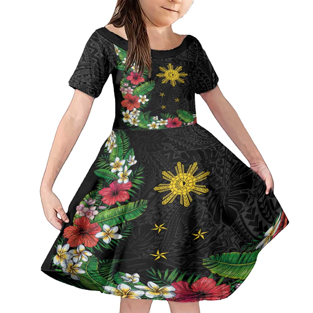 Tropical Hawaii and Philippines Family Matching Long Sleeve Bodycon Dress and Hawaiian Shirt Kanaka Maoli and Sun Badge Batok Tattoo Colorful LT03 Daughter's Dress Black - Polynesian Pride