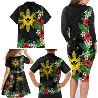 Tropical Hawaii and Philippines Family Matching Long Sleeve Bodycon Dress and Hawaiian Shirt Kanaka Maoli and Sun Badge Batok Tattoo Colorful LT03 - Polynesian Pride