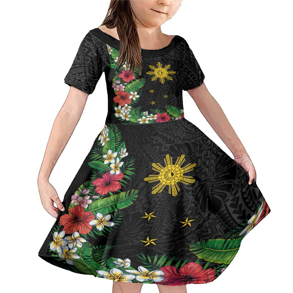 Tropical Hawaii and Philippines Family Matching Mermaid Dress and Hawaiian Shirt Kanaka Maoli and Sun Badge Batok Tattoo Colorful LT03 Daughter's Dress Black - Polynesian Pride