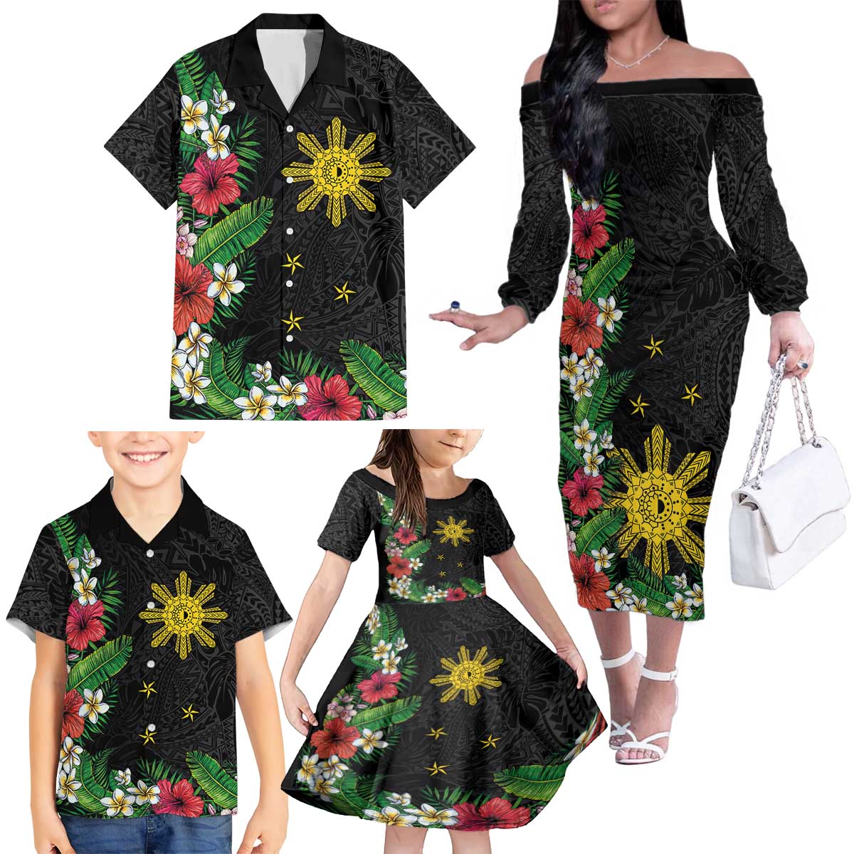 Tropical Hawaii and Philippines Family Matching Off The Shoulder Long Sleeve Dress and Hawaiian Shirt Kanaka Maoli and Sun Badge Batok Tattoo Colorful LT03 - Polynesian Pride
