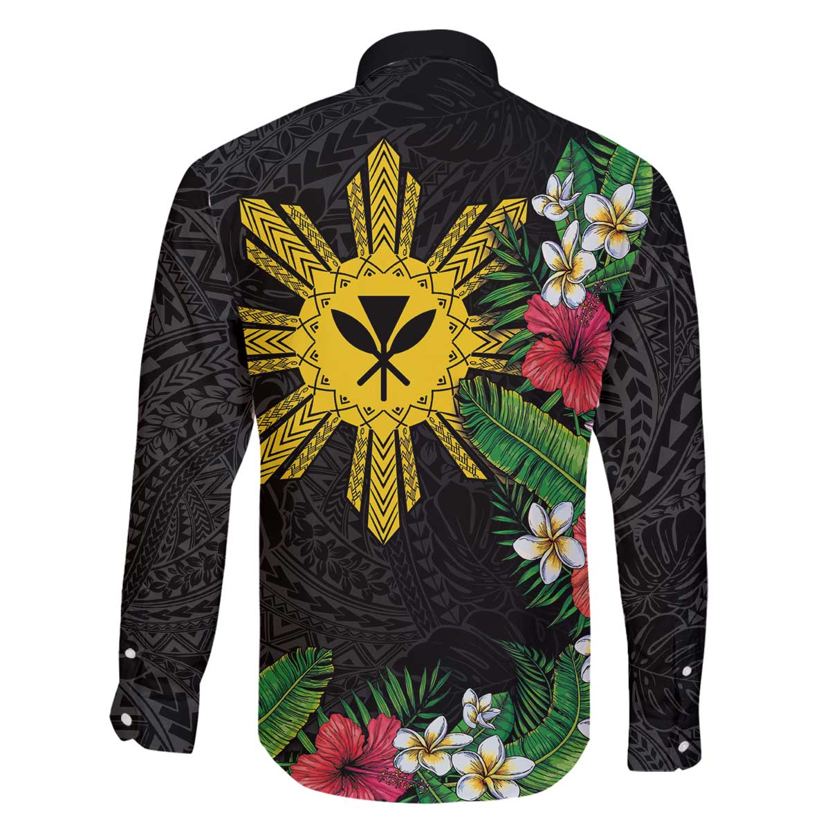 Tropical Hawaii and Philippines Family Matching Off The Shoulder Long Sleeve Dress and Hawaiian Shirt Kanaka Maoli and Sun Badge Batok Tattoo Colorful LT03 - Polynesian Pride