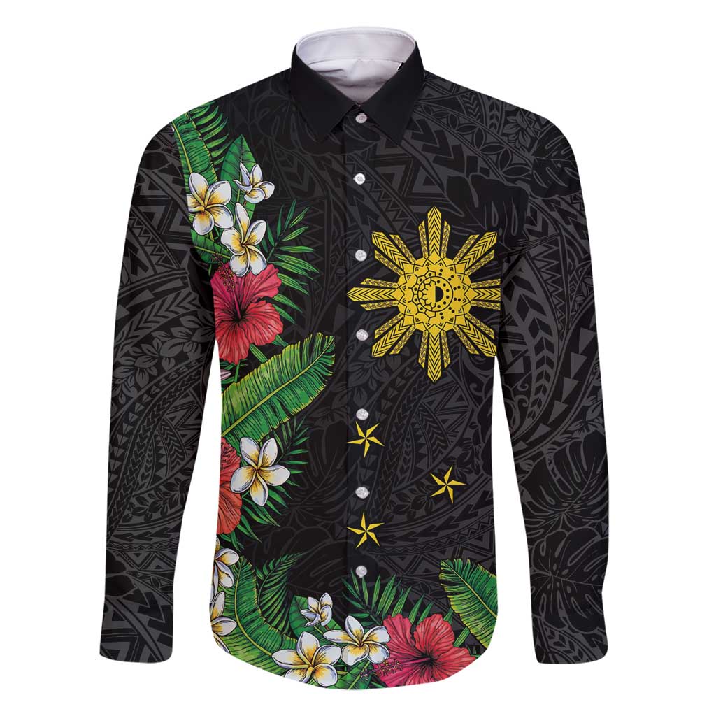 Tropical Hawaii and Philippines Family Matching Off Shoulder Maxi Dress and Hawaiian Shirt Kanaka Maoli and Sun Badge Batok Tattoo Colorful LT03 Dad's Shirt - Long Sleeve Black - Polynesian Pride