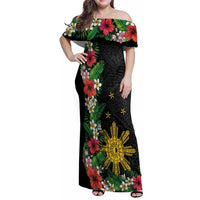 Tropical Hawaii and Philippines Family Matching Off Shoulder Maxi Dress and Hawaiian Shirt Kanaka Maoli and Sun Badge Batok Tattoo Colorful LT03 Mom's Dress Black - Polynesian Pride