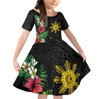 Tropical Hawaii and Philippines Family Matching Off Shoulder Short Dress and Hawaiian Shirt Kanaka Maoli and Sun Badge Batok Tattoo Colorful LT03 Daughter's Dress Black - Polynesian Pride