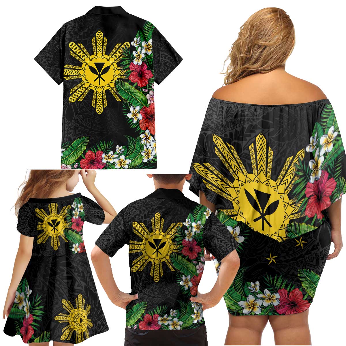 Tropical Hawaii and Philippines Family Matching Off Shoulder Short Dress and Hawaiian Shirt Kanaka Maoli and Sun Badge Batok Tattoo Colorful LT03 - Polynesian Pride