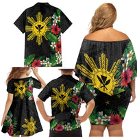 Tropical Hawaii and Philippines Family Matching Off Shoulder Short Dress and Hawaiian Shirt Kanaka Maoli and Sun Badge Batok Tattoo Colorful LT03 - Polynesian Pride