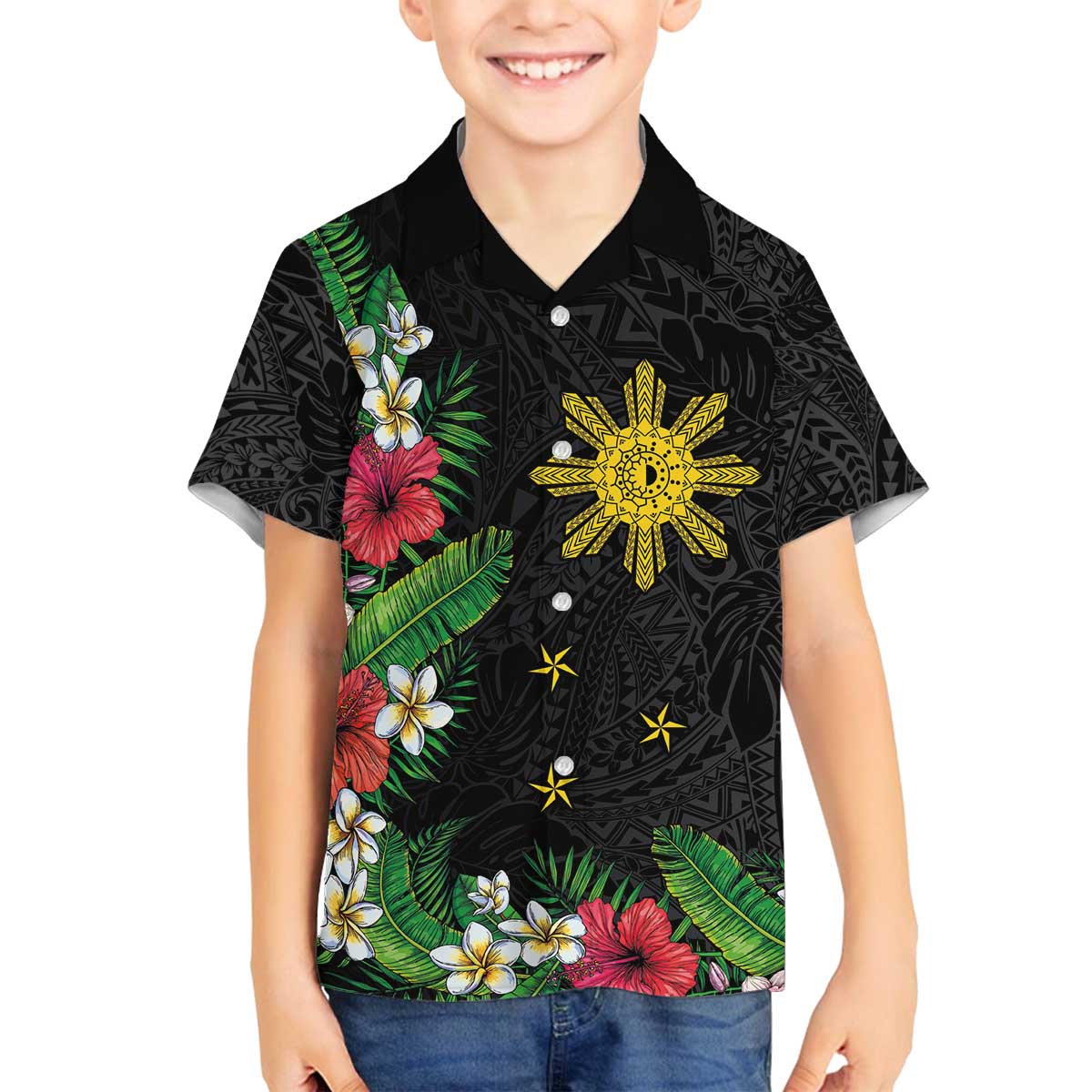Tropical Hawaii and Philippines Family Matching Off Shoulder Short Dress and Hawaiian Shirt Kanaka Maoli and Sun Badge Batok Tattoo Colorful LT03 Son's Shirt Black - Polynesian Pride