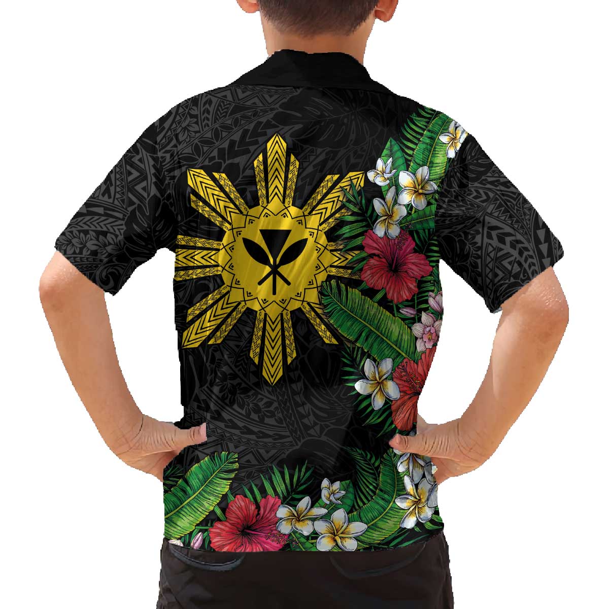 Tropical Hawaii and Philippines Family Matching Puletasi and Hawaiian Shirt Kanaka Maoli and Sun Badge Batok Tattoo Colorful LT03 - Polynesian Pride