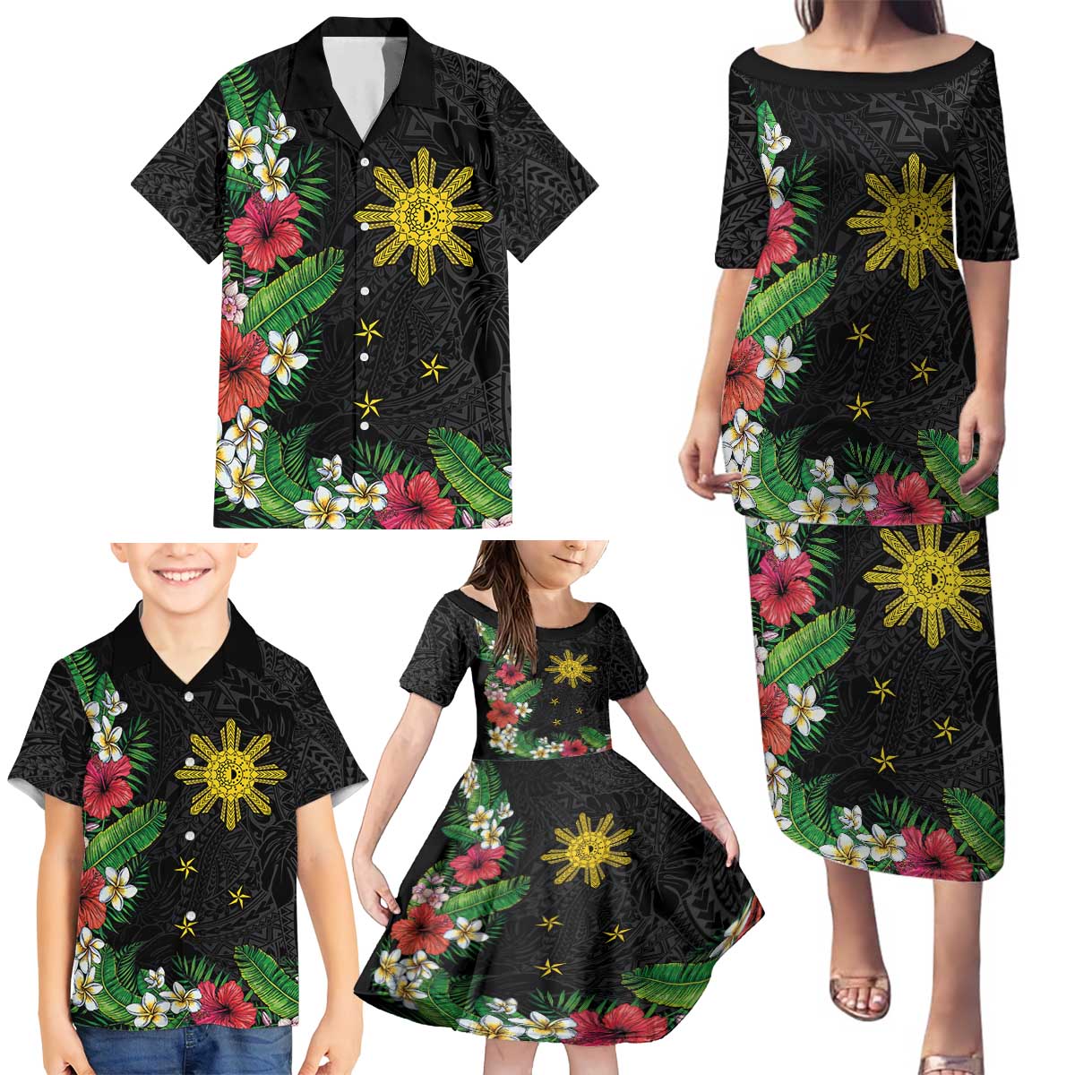 Tropical Hawaii and Philippines Family Matching Puletasi and Hawaiian Shirt Kanaka Maoli and Sun Badge Batok Tattoo Colorful LT03 - Polynesian Pride