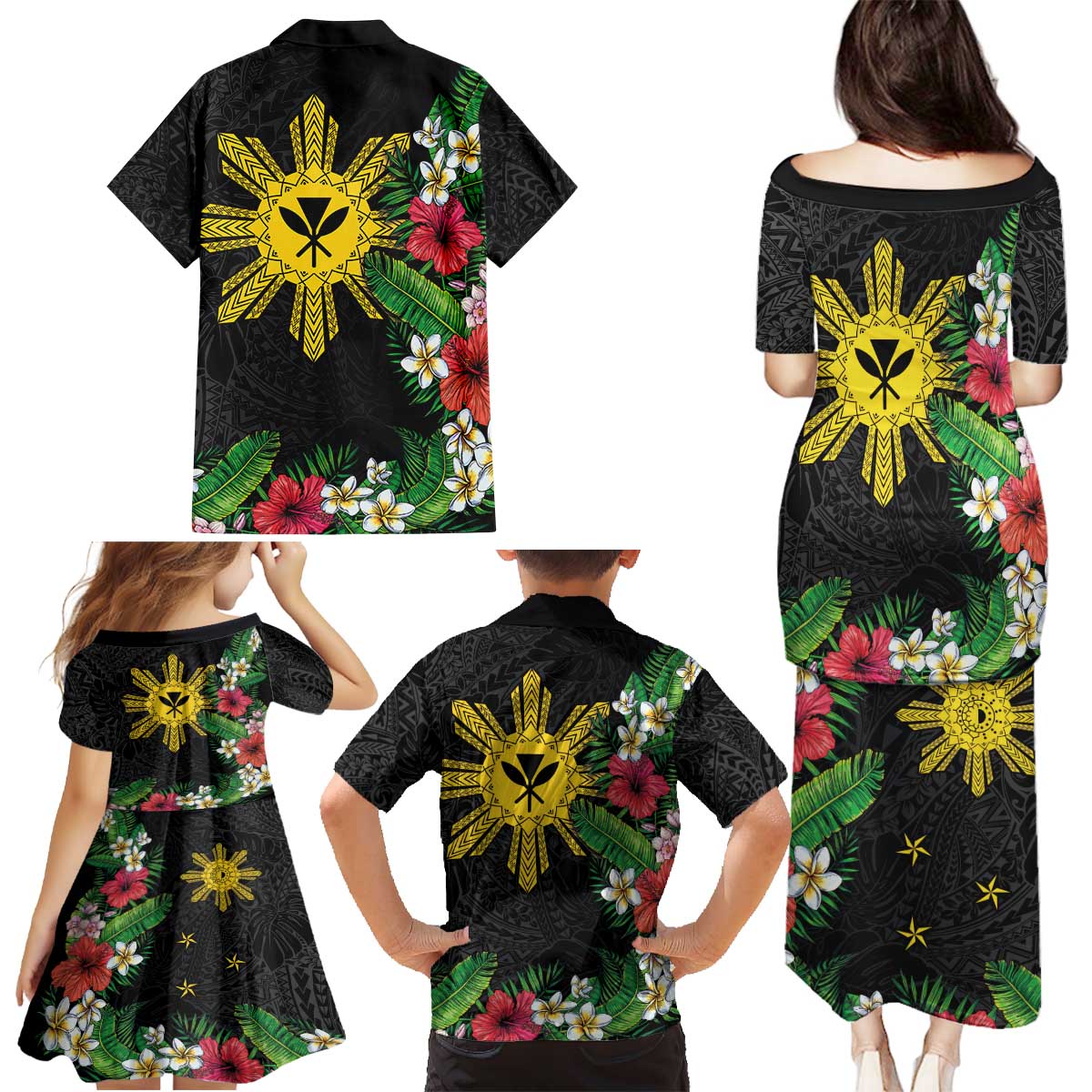 Tropical Hawaii and Philippines Family Matching Puletasi and Hawaiian Shirt Kanaka Maoli and Sun Badge Batok Tattoo Colorful LT03 - Polynesian Pride