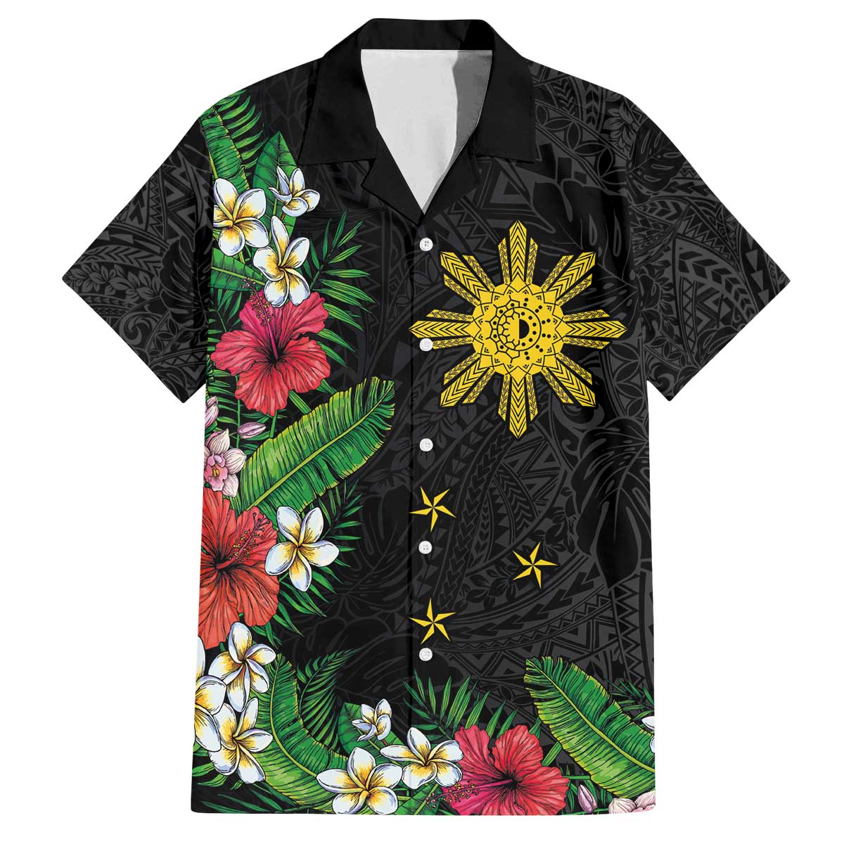 Tropical Hawaii and Philippines Family Matching Puletasi and Hawaiian Shirt Kanaka Maoli and Sun Badge Batok Tattoo Colorful LT03 Dad's Shirt - Short Sleeve Black - Polynesian Pride