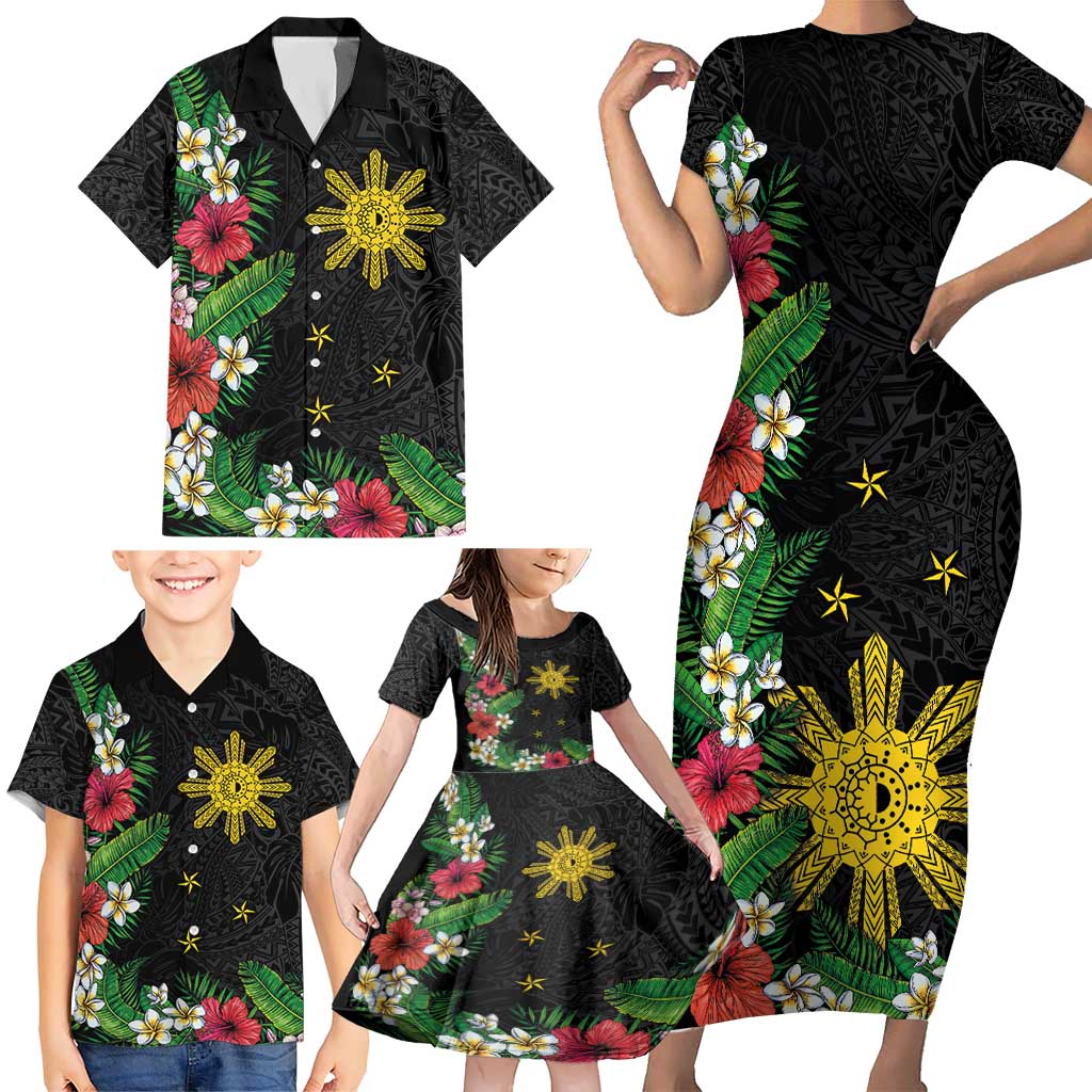 Tropical Hawaii and Philippines Family Matching Short Sleeve Bodycon Dress and Hawaiian Shirt Kanaka Maoli and Sun Badge Batok Tattoo Colorful LT03 - Polynesian Pride