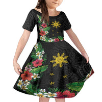 Tropical Hawaii and Philippines Family Matching Summer Maxi Dress and Hawaiian Shirt Kanaka Maoli and Sun Badge Batok Tattoo Colorful LT03 Daughter's Dress Black - Polynesian Pride