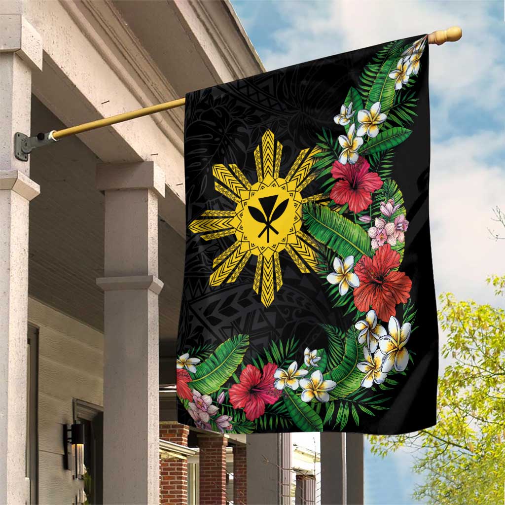 Tropical Hawaii and Philippines Garden Flag Kanaka Maoli and Sun Badge Batok Tattoo Colorful LT03 House Flag Black - Polynesian Pride