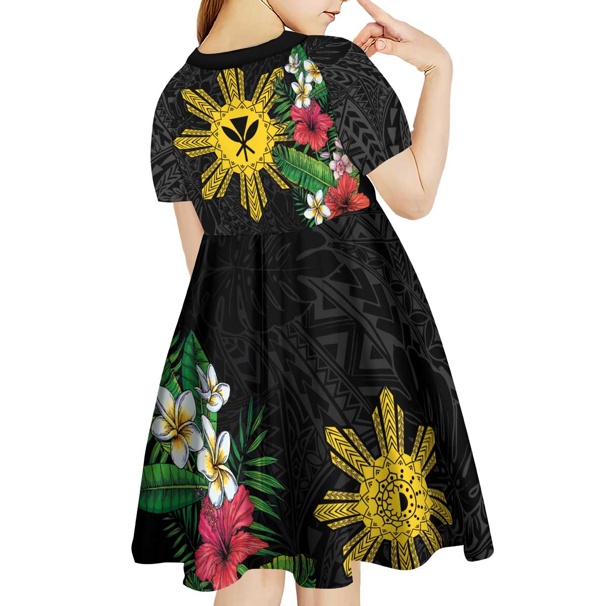 Tropical Hawaii and Philippines Kid Short Sleeve Dress Kanaka Maoli and Sun Badge Batok Tattoo Colorful LT03 - Polynesian Pride