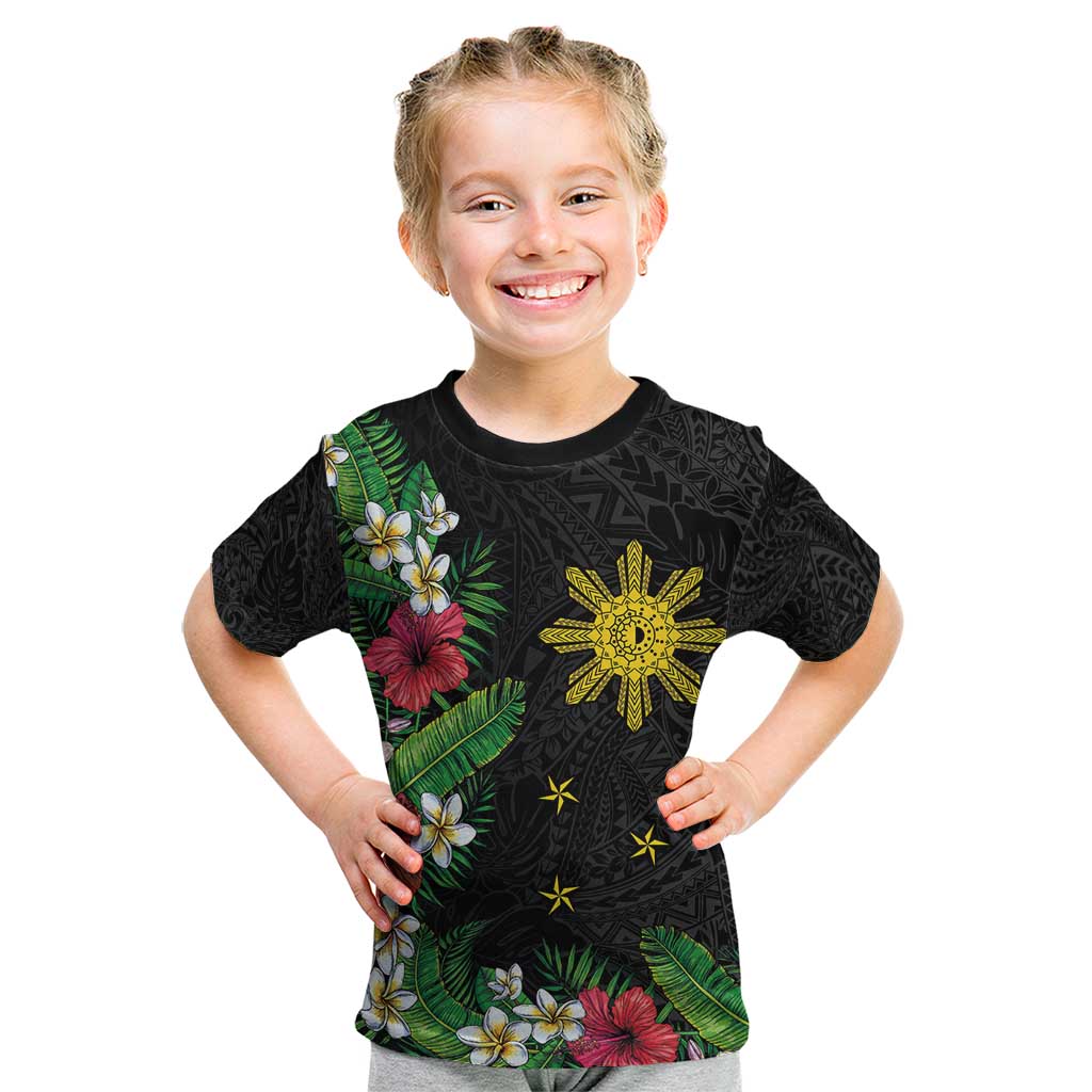 Tropical Hawaii and Philippines Kid T Shirt Kanaka Maoli and Sun Badge Batok Tattoo Colorful LT03 Black - Polynesian Pride