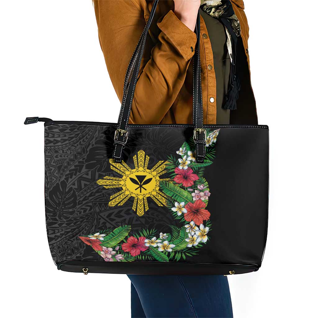 Tropical Hawaii and Philippines Leather Tote Bag Kanaka Maoli and Sun Badge Batok Tattoo Colorful LT03 - Polynesian Pride