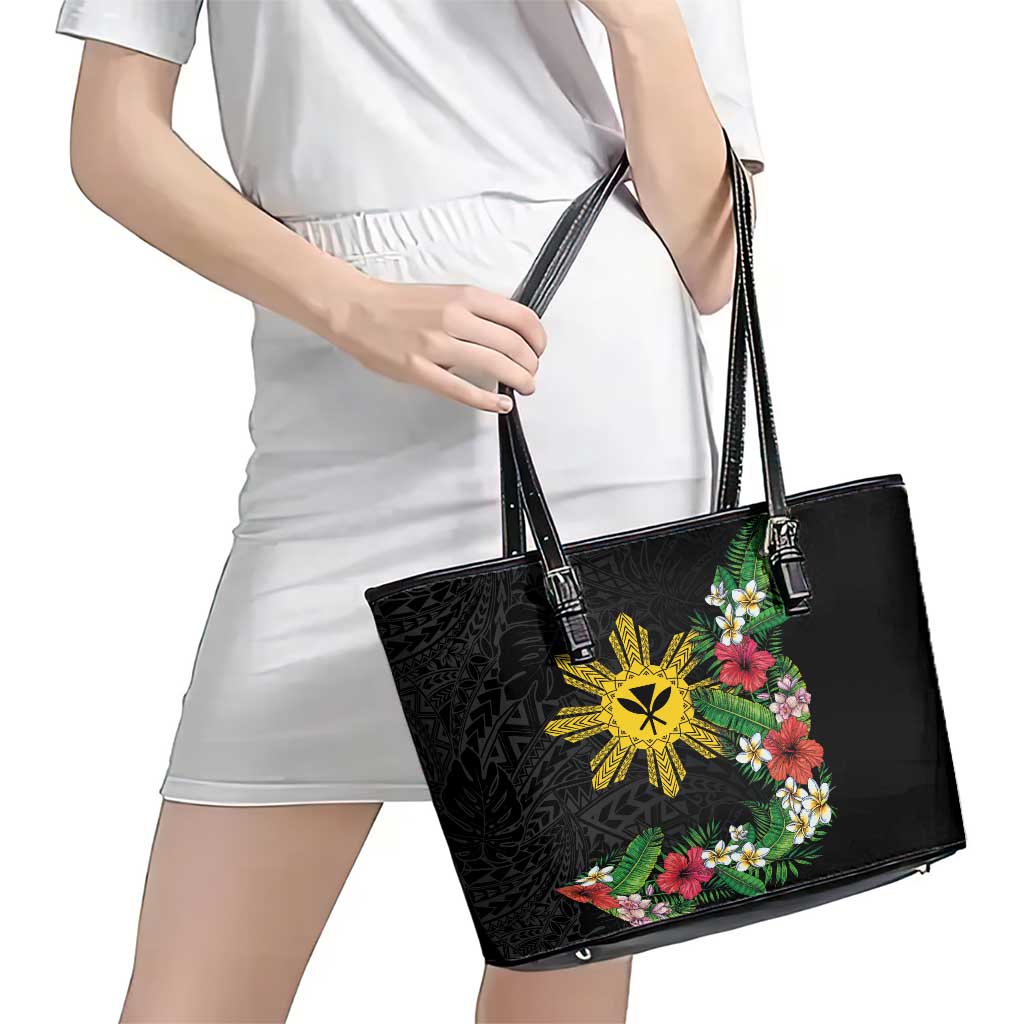Tropical Hawaii and Philippines Leather Tote Bag Kanaka Maoli and Sun Badge Batok Tattoo Colorful LT03 - Polynesian Pride