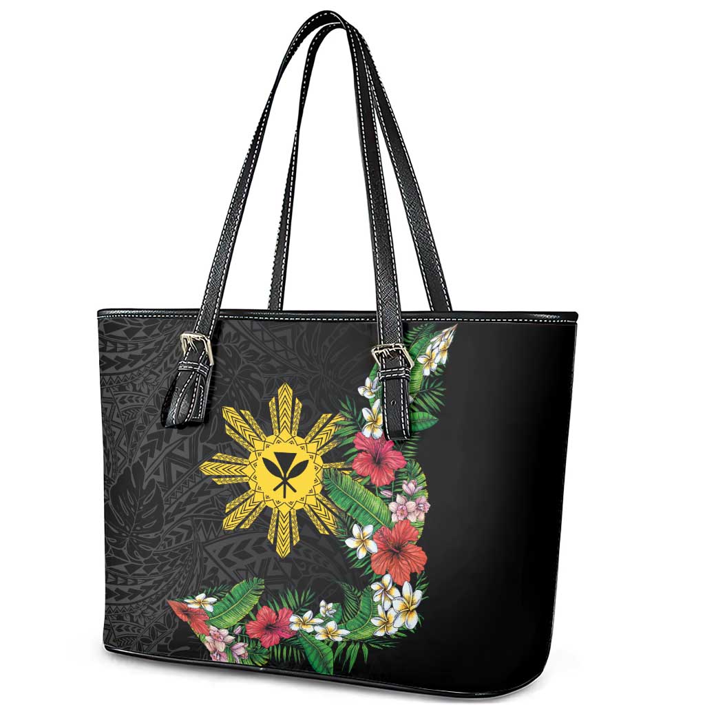 Tropical Hawaii and Philippines Leather Tote Bag Kanaka Maoli and Sun Badge Batok Tattoo Colorful LT03 - Polynesian Pride