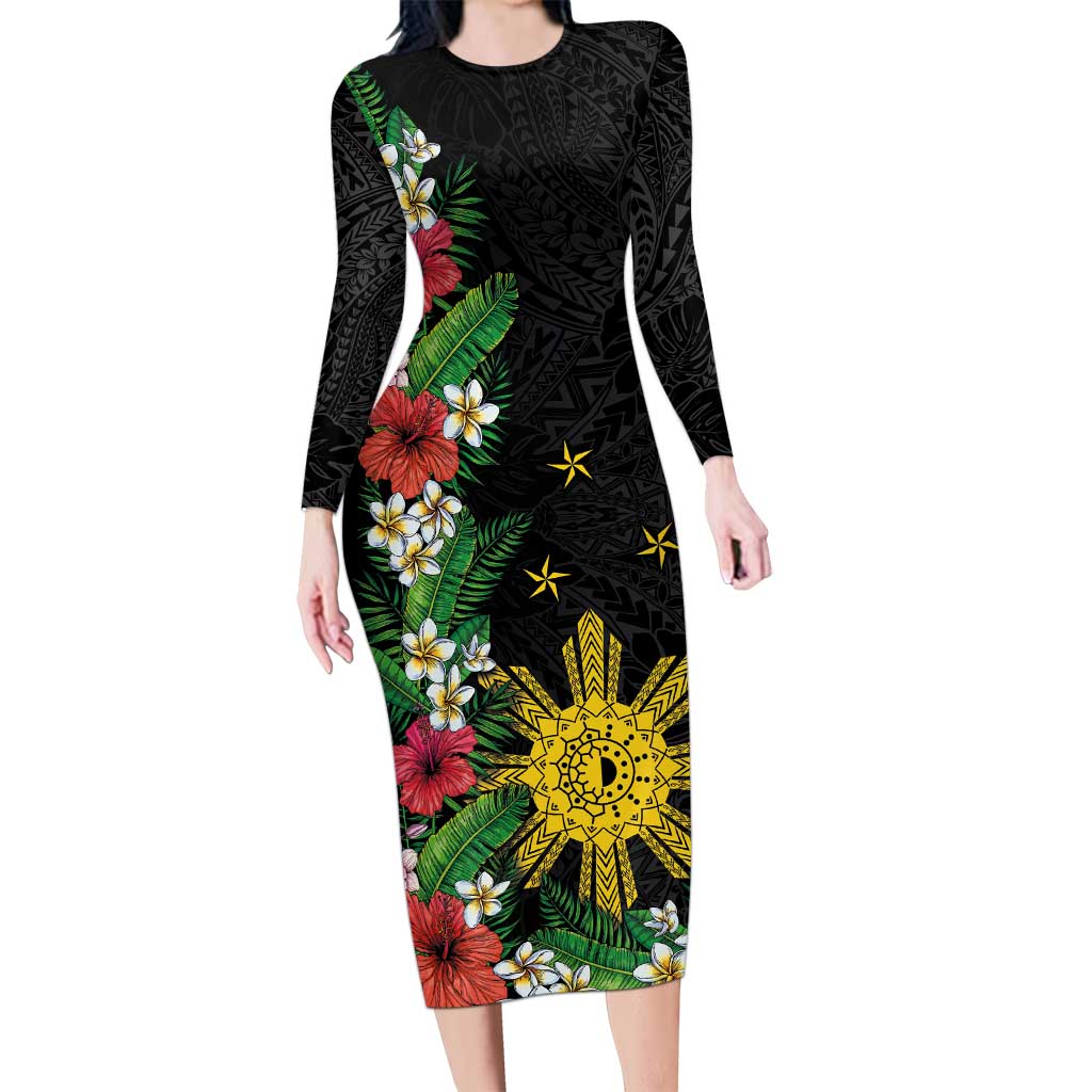 Tropical Hawaii and Philippines Long Sleeve Bodycon Dress Kanaka Maoli and Sun Badge Batok Tattoo Colorful LT03 Long Dress Black - Polynesian Pride