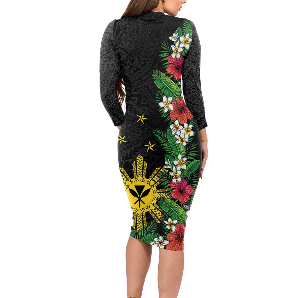 Tropical Hawaii and Philippines Long Sleeve Bodycon Dress Kanaka Maoli and Sun Badge Batok Tattoo Colorful LT03 - Polynesian Pride