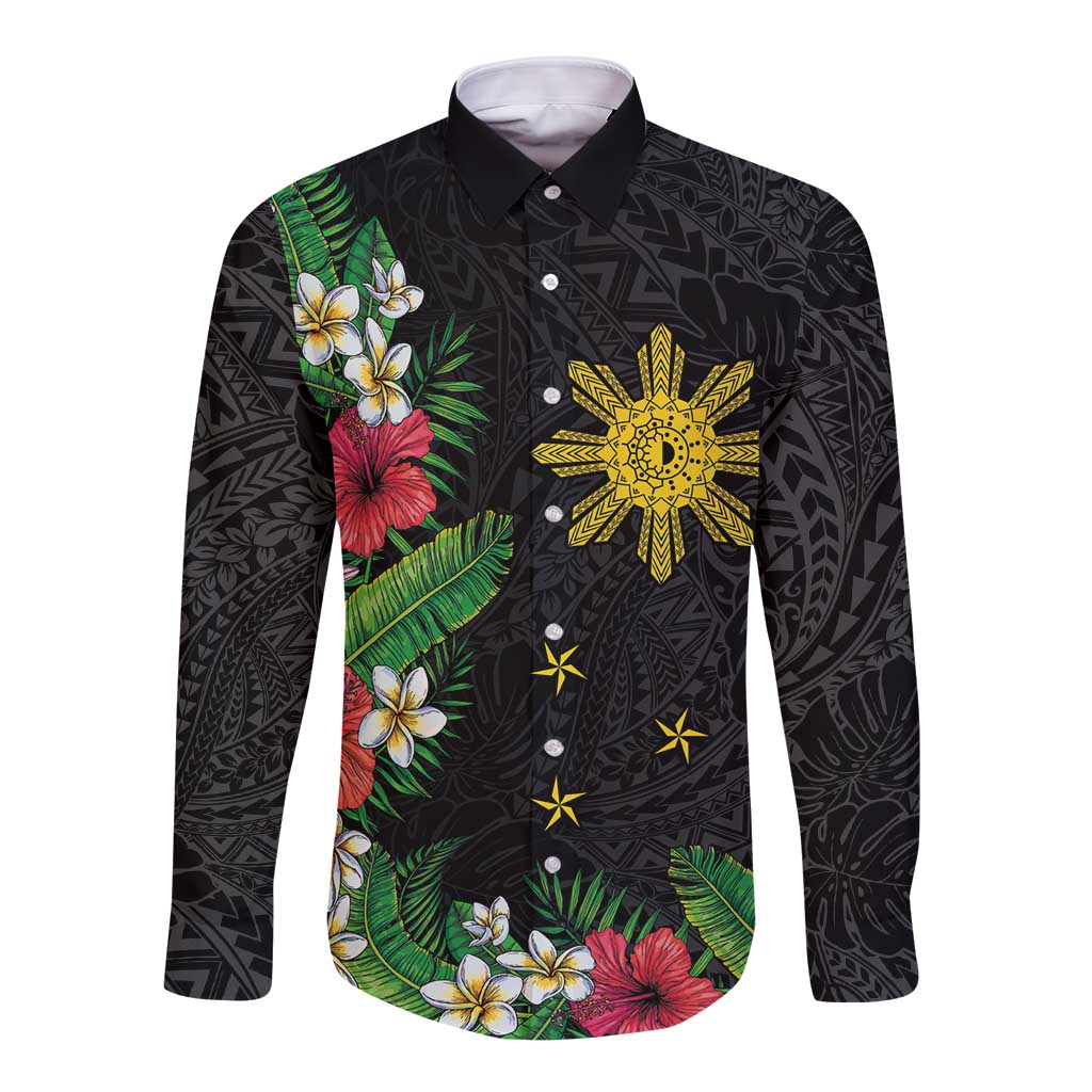 Tropical Hawaii and Philippines Long Sleeve Button Shirt Kanaka Maoli and Sun Badge Batok Tattoo Colorful LT03 Unisex Black - Polynesian Pride