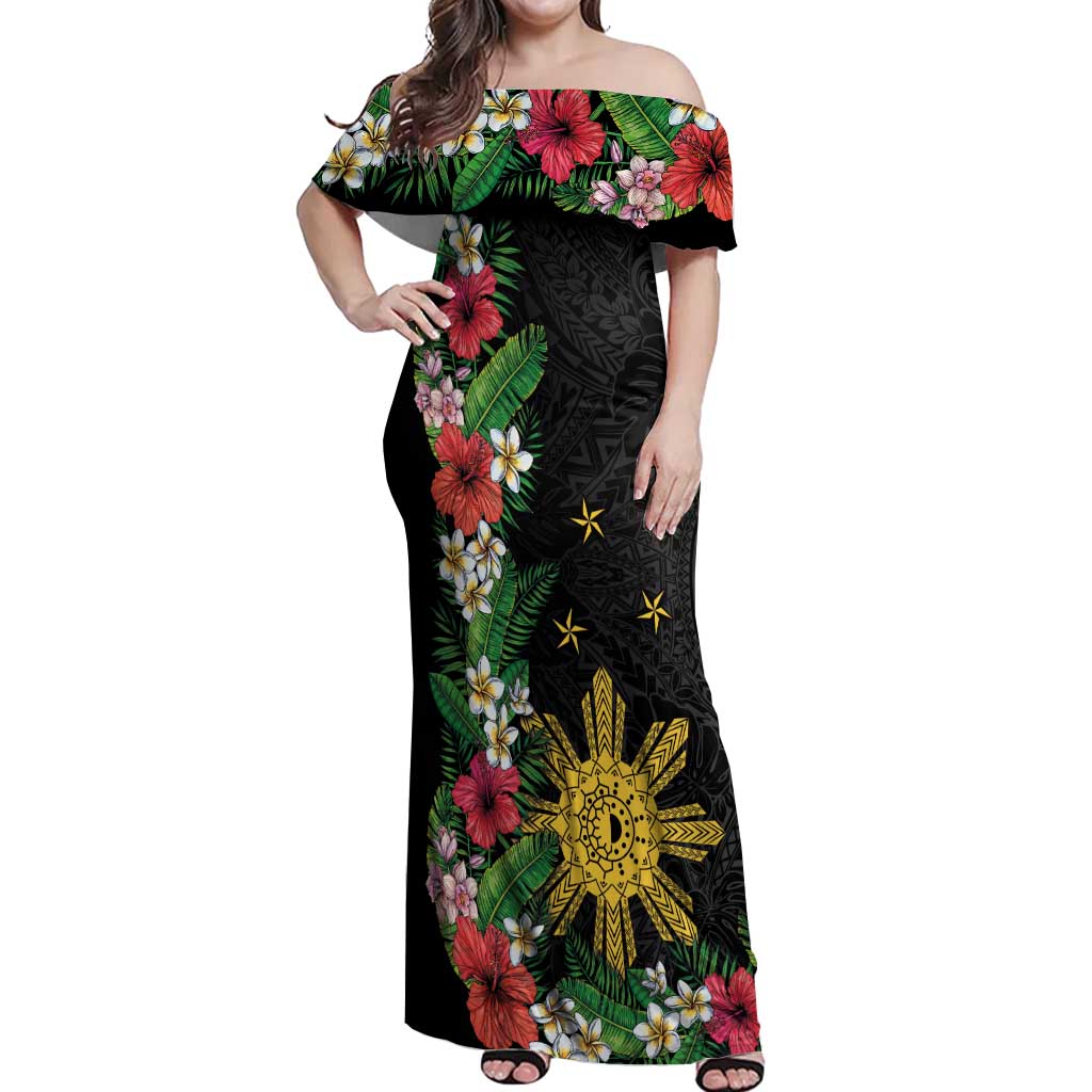 Tropical Hawaii and Philippines Off Shoulder Maxi Dress Kanaka Maoli and Sun Badge Batok Tattoo Colorful LT03 Women Black - Polynesian Pride