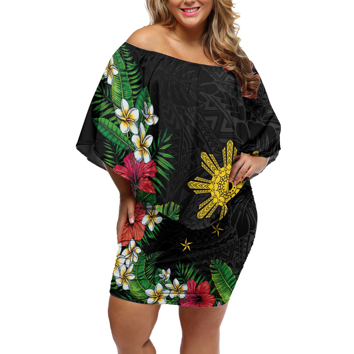 Tropical Hawaii and Philippines Off Shoulder Short Dress Kanaka Maoli and Sun Badge Batok Tattoo Colorful LT03 Women Black - Polynesian Pride